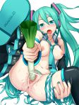 1girl anus aqua_eyes aqua_hair ass blush boots breasts censored detached_sleeves female hatsune_miku insertion long_hair masturbation miku_hatsune necktie nipples object_insertion open_clothes open_mouth open_shirt panties panties_around_leg panties_around_one_leg pointless_censoring pussy pussy_juice saliva shirt shuusaku shuusaku_(shoh) simple_background skirt skirt_around_one_leg solo spring_onion stockings striped striped_panties sweat thigh_boots thighhighs twin_tails twintails underwear very_long_hair vocaloid white_background