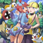 2girls :d art ass babe bare_shoulders big_breasts blonde blonde_hair blue_eyes blue_gloves blush breasts choker eelektrik elesa embarrassed emolga fuuro_(pokemon) gloves gym_leader hand_holding interlocked_fingers joltik kamitsure_(pokemon) looking_at_another looking_at_viewer looking_back moaning multiple_girls nintendo open_mouth outside pantyhose pokemoa pokemon pokemon_(anime) pokemon_(game) pokemon_black_and_white pokemon_bw red_hair redhead round_teeth short_hair short_hair_with_long_locks shorts shy skyla smile soara standing teeth tree vest yuri