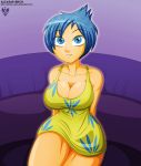  1girl alcasar-reich arms_behind_back bare_shoulders big_breasts blue_eyes blue_hair breasts cleavage dress inside_out joy_(inside_out) looking_at_viewer parted_lips short_hair sitting smile thighs yellow_dress yellow_skin 