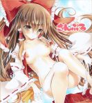 1girl ayuayu bottomless bow breasts brown_eyes brown_hair collarbone detached_sleeves female hair_bow hair_tubes hakurei_reimu long_hair naked_sleeves nipples nude open_clothes panties panties_around_leg panties_around_one_leg ponytail reimu_hakurei sample skirt solo touhou traditional_media translation_request underwear undressing very_long_hair