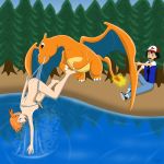  ash_ketchum ass bikini black_hair charizard embarrassing flying_wedgie funny hat misty orange_hair pokemon prank short_hair smile suktar suktar_(artist) surprise water wedgie wings 