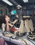  1girl android bed black_eyes black_hair brown_eyes brown_hair cable dark_hair drink drinking exposed_parts face highres long_hair looking_at_viewer lying lying_down machine oil original robo robot robot_joints solo strap_gap sukabu tongue tube wire wires work 