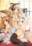 2_girls 2girls ass babydoll black_legwear blonde_hair blue_eyes earphones female_only flat_chested front-tie_top funifuni hair headphones high_res highres kusukoni_melco legs lingerie long_hair looking_at_viewer mouth_hold multiple_girls no_bra no_panties open_clothes open_shirt original panties pocky shirt short_hair small_breasts stockings striped striped_panties thighhighs twin_tails underwear white_legwear