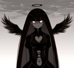  1girl angel as109 black_hair black_wings breasts cleavage cleavage_cutout dark_persona evil_smile eyes female female_only glowing glowing_eyes halo heart heart_cleavage_cutout heart_cutout long_hair looking_at_viewer monochrome navel panty_&amp;_stocking_with_garterbelt sky smile solo spoilers stocking_(psg) stocking_anarchy tsurime very_long_hair white_eyes wings zipper 