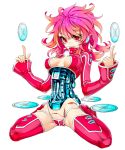 1girl android bad_id breasts cd cds center_opening cleavage copyright_request erect_nipples floating headphones leggings long_sleeves machine mouth_hold panties pink pink_eyes pink_hair robo robot robot_ears robot_joints sleeves_past_wrists solo spread_legs thighhighs tube turtleneck underwear wavy_hair wire wires zakki