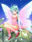 1girl akkijin antenna_hair bad_id blue_eyes breasts butterfly butterfly_wings cleavage elbow_gloves fairy gloves green_hair high_res highres large_wings leaf leotard long_hair minigirl original sitting smile solo white_gloves wings