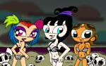  aqua_eyes beach beetlejuice bikini black_hair breasts brown_hair cleavage creepie_creecher crossover goth growing_up_creepie heloise jimmy_two-shoes lipstick looking_back lydia_deetz multicolored_hair pale_skin pink_eyes ponytail print_bikini rayryan_(artist) short_hair skull twin_tails 