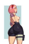 1girl ass blush boruto:_naruto_next_generations breasts clothing cowboy_shot erect_nipples facial_mark forehead_mark green_eyes headband headwear high_resolution huge_ass milf milf naruto nipples pink_hair rizdraws sakura_haruno simple_background small_breasts spats very_high_resolution wide_hips