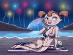  4th_of_july american_flag_bikini beach bikini breasts cleavage coconut fireworks food full_moon linno michelene_mavinsky michelene_mazinsky mike_lu_and_og moon ocean orange_hair print_bikini sandals side-tie_bikini solo swimsuit towel twin_tails water 