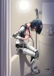 1girl android bad_id bathroom black_eyes blue_hair breasts brown_eyes cleavage curtain drain hairband head_tilt highres light machine original robo robot robot_joints sad short_hair shower sink sitting solo sukabu