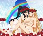 2girls anklet barefoot black_hair blonde_hair blush braid breast_grab breast_press curtains eyebrows flower grabbing green_eyes hair head_wreath jewelry long_hair multiple_girls nude original ponytail purple_eyes rainbow rainbow_pattern rose sitting sky smile solo tonee yuri