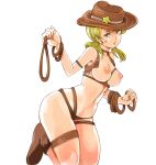  1girl aqua_eyes bare_shoulders black_panties blonde_hair blue_eyes boots breasts cowboy_hat fringe hat hips kazaana lips long_hair navel nipples no_bra original panties rope simple_background solo topless underwear vest western white_background 