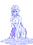  1girl blue_eyes blue_skin breasts dripping finger_to_mouth goo_girl gradient_hair high_res highres long_hair monster_girl multicolored_hair no_nipples no_pussy original pale_skin pointy_ears purple_hair slime slime_girl slimegirl solo two-tone_hair very_long_hair vixen_(pixiv) vixen_(stinger) vixen_stinger 