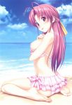  1girl :p antenna_hair aoi_matsuri bare_legs barefoot beach bikini bikini_pull bikini_skirt blue_sky blush breasts cloud feet high_res highres koutaro long_hair nipples pink_bikini pink_hair purple_eyes scan sitting sky soles solo swimsuit toes tongue tongue_out tropical_kiss wariza water 