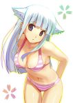  1girl 2006 animal_ears bikini blush breasts cat_ears cleavage female freckles hair hime_cut koutaro long_hair lowres nijiiro_zakura original purple_eyes simple_background solo standing straight_hair striped striped_bikini striped_swimsuit swimsuit white_background white_hair 