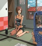 1girl android aqua_eyes barefoot blue_eyes brand_name_imitation breasts brown_hair calendar_(object) camera camera_phone cellphone cellphone_camera cellphone_picture cerulean_eyes charging cleavage clothed house intel jittsu looking_away machine off_shoulder original phone photo_(object) plug robo robot robot_joints room seiza short_hair shorts sitting sky solo_focus sony strap_slip striped_tank_top tank_top tattoo v_arms viewfinder wariza window wire wires