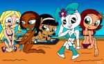 anthro aqua_eyes beach bikini black_eyes black_hair blue_hair breasts cat cleavage crossover dark_skin dawn_(tdi) embarrassing feline flower furry glasses green_eyes hairband jenny_wakeman kitty_katswell long_hair maxine multicolored_hair my_life_as_a_teenage_robot ocean rayryan_(artist) robot sad short_hair side-tie_bikini smile surprise t.u.f.f._puppy total_drama_island white_hair xj-9