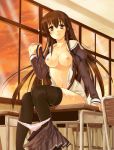  1girl aki_sora aoi_aki bad_id brown_hair classroom funifuni kusukoni_melco long_hair nipples panties panty_pull school_uniform solo_female stockings thighhighs underwear undressing 