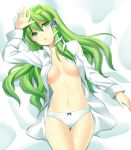 1girl bad_id bed_sheet blush breasts dress_shirt female frog frog_hair_ornament green_eyes green_hair hair_ornament high_res highres jenevan kochiya_sanae lying navel no_pants on_back open_clothes open_shirt panties sanae_kochiya shirt snake snake_hair_ornament solo touhou underwear white_panties