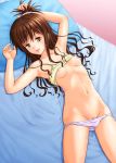 arms_up artist_request breasts brown_hair camisole erect_nipples hair_bobbles hair_ornament long_hair lying marukorondo mikan_yuuki navel nipples on_back open_clothes open_mouth panties panty_pull pussy_juice pussy_peek solo sweat to_love-ru to_love-ru_darkness underwear wet wet_clothes wet_panties white_panties yellow_eyes yuuki_mikan