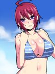  1girl ahoge bikini blue_bikini breasts cleavage gundam gundam_seed gundam_seed_destiny large_breasts looking_at_viewer lunamaria_hawke megane_man navel purple_eyes red_hair short_hair smile striped striped_bikini striped_swimsuit 