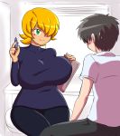  1boy 1girl black_hair black_legwear blonde_hair blue_sweater blush breasts clipboard green_eyes hair_over_one_eye holding huge_breasts long_sleeves looking_at_another original pen short_hair sitting sweatdrop wide_hips 