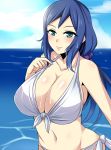  1girl bikini blue_eyes blue_hair breasts cleavage clouds gundam gundam_build_fighters huge_breasts iori_rinko long_hair looking_at_viewer megane_man milf navel smile swimsuit water white_bikini 