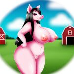  1girl ai_generated ai_hands anthro big_breasts black_hair black_t-shirt blue_pants farm frosting.ai joanna_(xxbilsm) large_ass long_hair nude nude_female original_character pig pig_ears pig_nose pink_eyes pink_nipples pink_skin pussy thick_thighs voluptuous wide_hips 