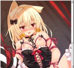 1girl animal_ears bell blonde_hair blush bow breasts chiri_(atlanta) choker fake_scrollbar hair_bell hair_bow hair_ornament jingle_bell nipples open_mouth original red_eyes ribbon_choker solo stockings striped striped_legwear tears ten'inkou_korin thighhighs