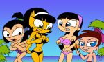 anthro big_breasts bikini black_eyes black_hair blue_eyes breasts brown_hair cat cleavage crossover danny_phantom embarrassing feline furry goth green_eyes hairband hat kitty_katswell lipstick long_hair ponytail prank rayryan rayryan_(artist) samantha_manson short_hair smile surprise t.u.f.f._puppy the_fairly_oddparents timmy_turner trixie_tang