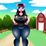  1girl ai_generated ai_hands anthro big_breasts black_hair black_t-shirt blue_pants farm frosting.ai joanna_(xxbilsm) large_ass long_hair original_character pig pig_ears pig_nose pink_eyes pink_skin thick_thighs voluptuous wide_hips 