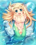  1girl :d blonde_hair breasts bubble cleavage green_eyes harlem_heart high_res highres long_hair looking_up mermaid monster_girl navel open_mouth original pinkarage pointy_ears rock sitting sitting_on_rock smile solo sorano_(12gou) v_arms very_long_hair water wet 