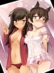  2girls angela_salas_larrazabal animal_ears arm_grab arms_behind_back belly black_hair blush breasts camisole cleavage dark_skin dog_ears embarrassed federica_n_doglio frills green_eyes hair hi-ho- light_smile long_hair looking_at_viewer lowleg lowleg_panties midriff multiple_girls navel no_bra open_clothes open_shirt panties photo_(object) ponytail red_panties red_shirt see-through shirt strike_witches sweat underwear v yellow_eyes 