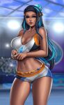 1girl alluring black_hair blue_highlights dark-skinned_female female_abs female_focus female_only flowerxl high_res long_hair mature mature_female nessa_(pokemon) nintendo patreon patreon_paid patreon_reward pokemon pokemon_ss solo_female solo_focus two_tone_hair video_game_character video_game_franchise