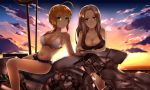 2girls ahoge big_breasts bikini bikini_skirt bikini_top blonde_hair blush breasts cleavage fate/zero fate_(series) front-tie_top green_eyes hair high_res highres irisviel_von_einzbern large_breasts long_hair looking_at_viewer microskirt motor_vehicle motorcycle multiple_girls navel ponytail red_eyes saber shiny shiny_skin sitting skirt sunset swimsuit vehicle vlan white_hair