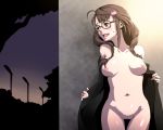 1girl bad_id blush braid breasts brown_eyes brown_hair coat embarrassed exhibitionism flashing glasses idolmaster idolmaster_cinderella_girls long_hair nipples nude okuyama_saori open_clothes open_coat outdoors outside pubic_hair public public_nudity pussy smile solo tkhs twin_braids uncensored undressing