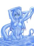  1girl arms_up blue_hair blue_skin breasts goo_girl green_eyes high_res highres monster_girl navel no_nipples original slime slime_girl solo tentacle tentacles vixen_(pixiv) vixen_(stinger) vixen_stinger 