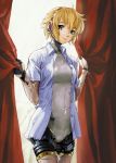 1girl aegis aegis_(persona) android atlus blond_hair blonde_hair clothed curtain curtains female_only hairband head_tilt highres light_smile machine makacoon megaten naked_shirt open_clothes open_shirt persona persona_3 robo robot robot_ears robot_joints shirt short_hair smile solo solo_female yamaguchi_(artist)