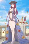 1girl 2023 absurd_res alcohol alluring alternate_costume artist_name balcony bare_legs beach big_breasts black_headwear blue_one-piece_swimsuit blue_sky blue_swimsuit blurry blush breasts cleavage cup depth_of_field detailed_background dress drinking drinking_straw falling_petals female_only fire_emblem fire_emblem_engage fire_emblem_heroes floral_print flower full_body gown hat headgear high_heels high_res ivy_(fire_emblem) ivy_(summer)_(fire_emblem) light-skinned_female light_particles light_rays light_skin long_hair looking_at_viewer midriff navel nintendo ocean official_alternate_costume one-piece_swimsuit open_mouth outside petals purple_eyes purple_hair sand sky smile standing sunlight swimsuit tak0baka thighs white_footwear