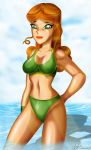 bikini blush breasts cartoon_network cleavage curly_hair green_eyes hourglass_figure izzy_(tdi) lipstick long_hair ocean orange_hair smile solo thick_ass thick_legs thick_thighs total_drama_island water x^j^kny_(artist)