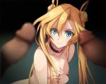 1girl 1girl 2boys abukuma_(kantai_collection) black_choker blonde blue_eyes blurry breasts choker clavicle closed_mouth double_bun hair_between_eyes hair_rings kantai_collection kyoro_(cothurnus) male medium_breasts mole multiple_boys multiple_penises nipples nude parody penis penis_awe sailor_moon_(series) sailor_moon_redraw_challenge sweatdrop tied_hair twin_tails