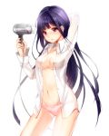  1girl arm_behind_head blue_eyes breasts cleavage dress_shirt hair_dryer inu_x_boku_ss long_hair navel no_bra no_pants open_clothes open_shirt panties purple_eyes shirakiin_ririchiyo shirt simple_background solo underwear very_long_hair white_background 