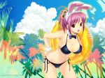  1girl animal_ears bikini black_bikini bow bowtie breasts brown_eyes bunny_ears cleavage cloud collar cute day detached_collar flower high_res highres hinata_hanabi innertube koutaro large_breasts official_art photoshop_(medium) pink_hair ponytail purple_hair rabbit_ears red_eyes red_hair redhead side-tie_bikini side-tie_bikini_bottom sky solo swimsuit tree tropical_kiss wristband 