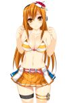  1girl bare_shoulders beatmania beatmania_iidx belt bikini bikini_top blush breasts cleavage collarbone female garter hair_ornament head_tilt headphones highres iroha_(beatmania_iidx) kinoshita_ichi long_hair looking_at_viewer midriff navel orange_eyes orange_hair pleated_skirt shiny shiny_skin simple_background skirt smile solo standing stomach striped striped_bikini striped_swimsuit swimsuit thigh_strap thighs umegiri_iroha white_background 