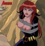  avengers black_widow breasts earth's_mightiest_heroes gigantor_(artist) jumpsuit marvel natasha_romanoff open_shirt rope the_avengers:_earth&#039;s_mightiest_heroes tied_up topless 