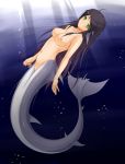 1girl :3 absurd_res absurdres ahoge bare_shoulders black_hair breasts cleft_of_venus collarbone facial_mark female full_body gills green_eyes head_fins high_res highres long_hair looking_at_viewer mermaid midnight_(banyex) mole monster_girl navel nipples nude original original_character pussy solo uncensored underwater underwear