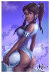 2012 ass avatar:_the_last_airbender ball beach bikini blue_eyes brown_hair dark-skinned_female dark_skin fernando_faria_(artist) korra leotard looking_back one-piece_swimsuit solo swimsuit the_legend_of_korra water