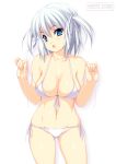 1girl :o big_breasts bikini blue_eyes breasts cleavage front-tie_top kinoshita_ichi large_breasts original shiny shiny_skin short_hair short_twintails side-tie_bikini skindentation solo strap_gap swimsuit twin_tails twintails white_hair