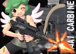  1girl animal_ears assault_rifle bare_shoulders bike_shorts blush cameltoe casing_ejection cat_ears cat_tail fang firing green_eyes green_hair gun hase_yu m4_carbine m4a1 muzzle_flash nyano one_eye_closed original rifle shell_casing short_hair smile solo tail weapon wings wink 