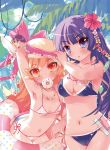  2girls :o araragi_koyomi armpits bakemonogatari bikini blonde_hair blush breasts cameltoe chibi cleavage doughnut flower food hair hair_flower hair_ornament hat headgear hibiscus hitagi_senjougahara jewelry long_hair monogatari_(series) mouth_hold multiple_girls navel necklace oshino_shinobu purple_eyes purple_hair senjougahara_hitagi shiny shiny_skin side-tie_bikini small_breasts sodapop_(iemaki) strap_gap sun_hat swimsuit yellow_eyes 